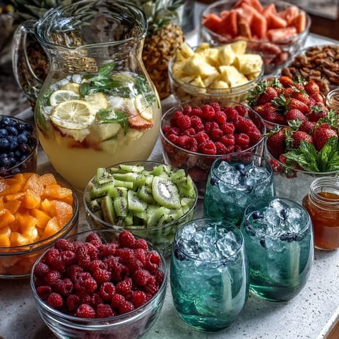 Guests enjoy a refreshing Summer Party Lemonade Bar with vibrant fruit and ice-cold lemonade.