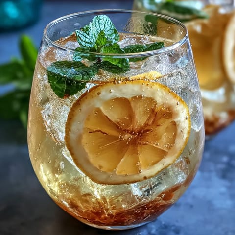 Bright and bubbly Limoncello Spritz Mocktail with fresh lemon slices and mint, served over ice in elegant wine glasses.  