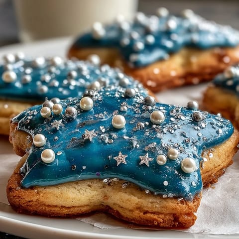 Beautiful Pisces constellation sugar cookies decorated with shimmering star sprinkles and edible pearls, ideal for astrology lovers and festive gatherings.