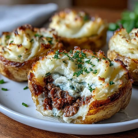 Super simple shepherd's pie stuffed baked potatoes with savory ground beef and creamy mashed potato topping, perfect for a cozy dinner.