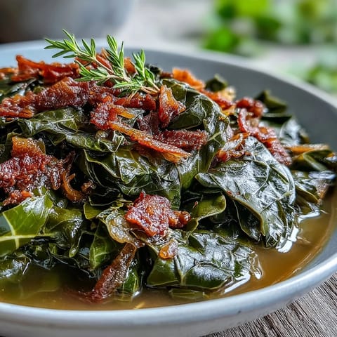 Close-up of Southern collard greens with smoky turkey and onions, a comforting and flavorful side dish.  
