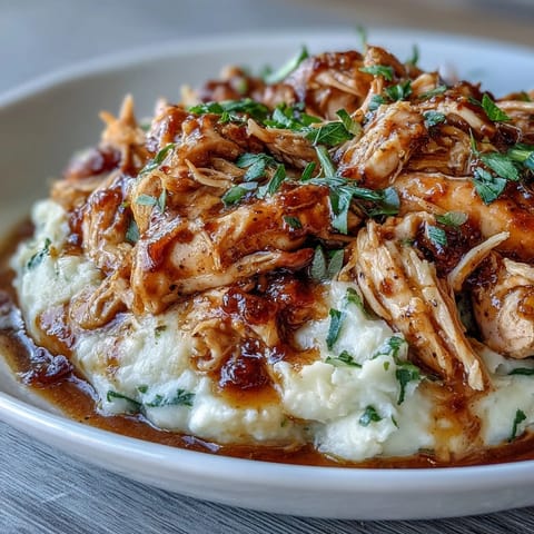 Tender shredded Mississippi chicken slow-cooked with ranch seasoning, butter, and pepperoncini, served over rich garlic mashed potatoes for a hearty dinner.  