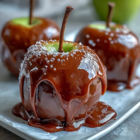 Glossy red candy apples with a smooth white chocolate drizzle, perfect for autumn festivals and Halloween parties.