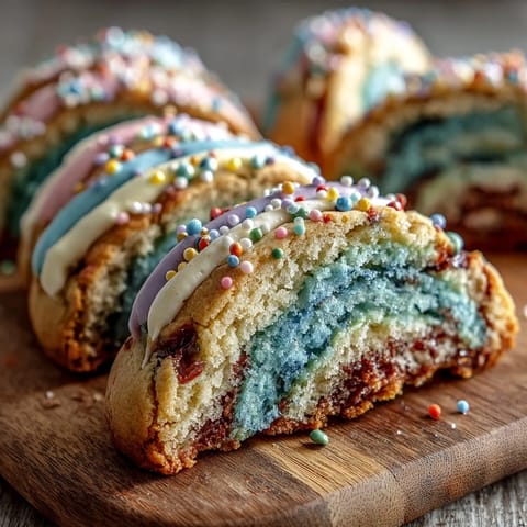 Whimsical sugar cookies inspired by Cookie Run Kingdom, featuring colorful pastel swirls and sprinkles.