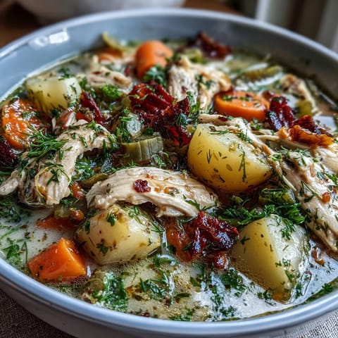 A creamy bowl of slow cooker chicken pot pie soup with tender chicken and vegetables in a rich, savory broth.