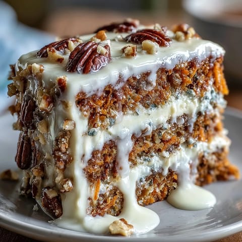 Moist carrot and walnut layer cake with tangy cream cheese frosting, garnished with chopped walnuts and edible flowers, perfect for spring celebrations.