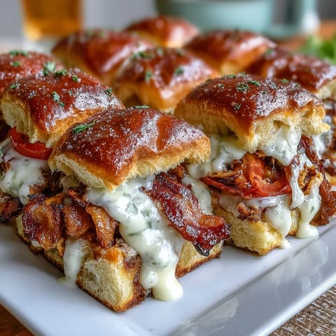 Derby Party Hot Brown Sliders on Brioche Buns: Mini sandwiches with roast turkey, crispy bacon, and creamy Mornay sauce on soft brioche rolls, ideal for Southern-themed parties.