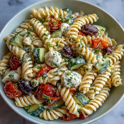 Refreshing summer pasta salad featuring al dente rotini, crisp veggies, and zesty Italian dressing for picnics.  