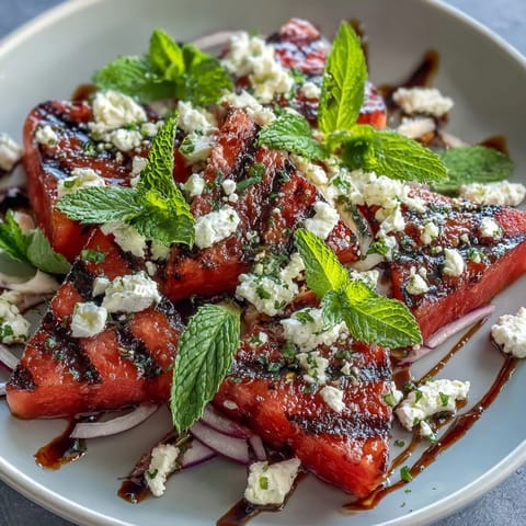 Grilled watermelon salad with feta and mint, showcasing sweet caramelized fruit and creamy cheese.  