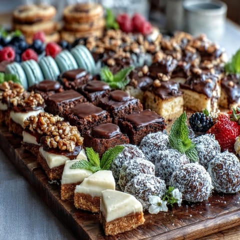 Assorted mini treats and cake slices arranged artfully on a wooden board, perfect for sharing at a graduation party.