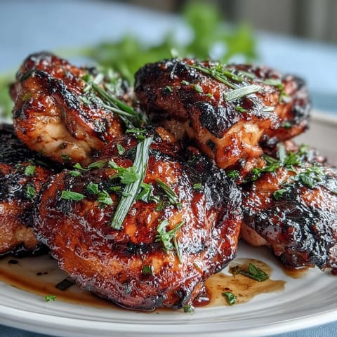 Honey Garlic Grilled Chicken Thighs with a glossy, caramelized glaze and smoky char marks, served fresh off the grill for a flavorful summer meal.