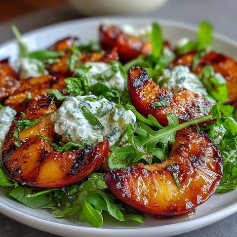 Sweet, smoky grilled peaches paired with rich burrata, fresh basil, and honey glaze in a summer salad.  