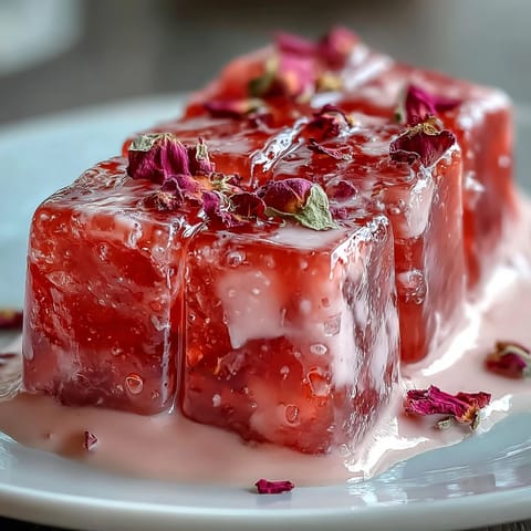 Beautiful mosaic of strawberry and rose gelatin suspended in smooth cream base.