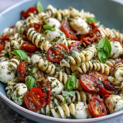 Fresh Caprese Pasta Salad featuring basil pesto, bursting cherry tomatoes, and creamy mozzarella.