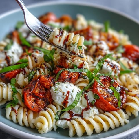 Creamy burrata melts over Summer Caprese Pasta with fresh basil and tomatoes.