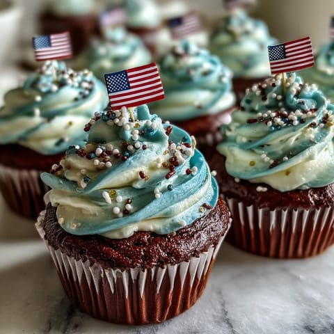 Patriotic Star-Spangled Banner Cupcakes perfect for July 4th dessert with edible flags.