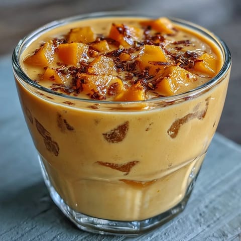 Creamy mango lassi smoothie with fragrant cardamom, perfect for a refreshing treat.