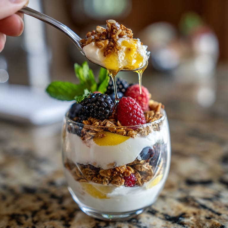 A glass of yogurt with berries and granola.