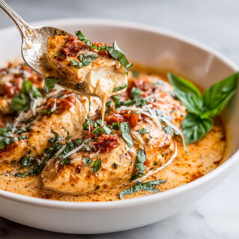 A bowl of chicken with sauce and herbs.