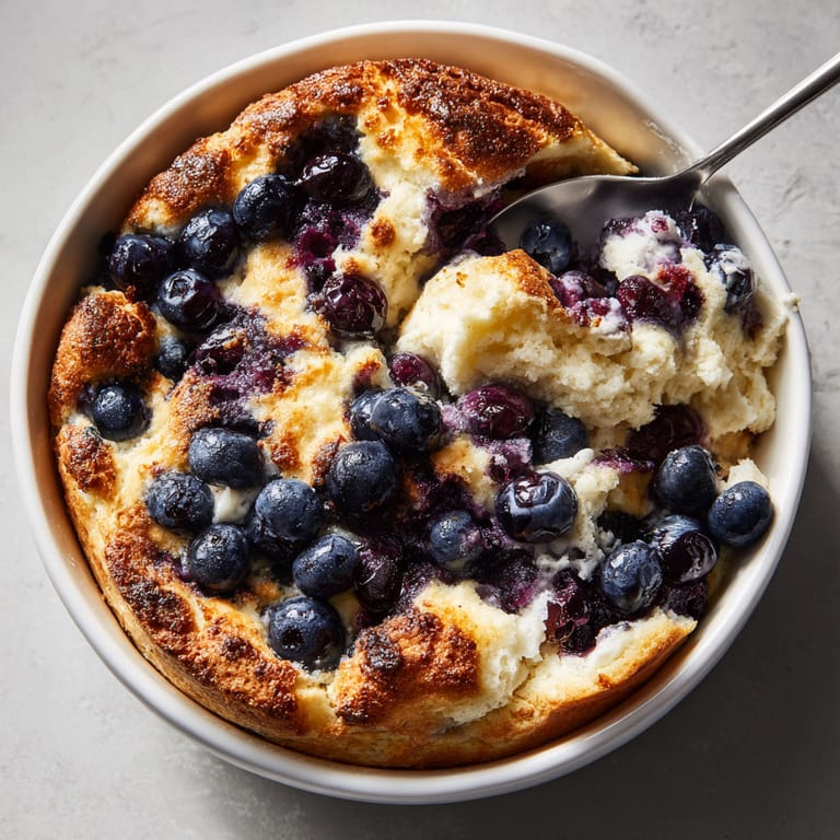 A bowl of fluffy cottage cheese blueberry cloud bread.