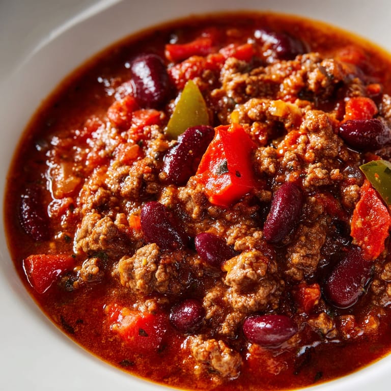 A bowl of chili with meat and beans.