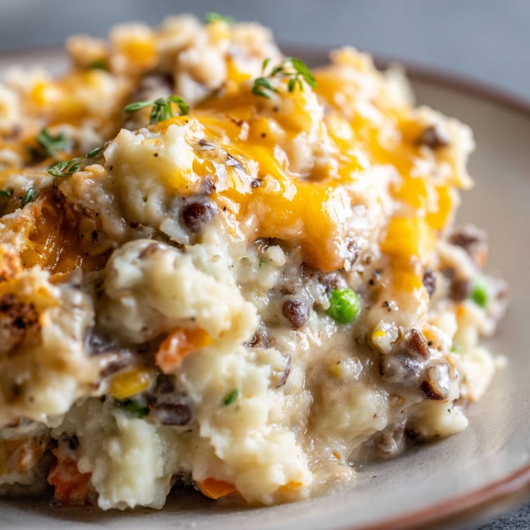 A plate of food with the name Hachis Parmentier au Fromage (Lentilles/Haricots) on it.
