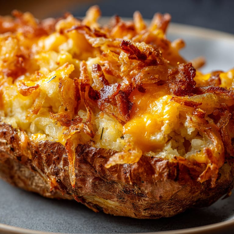 A close up of a baked potato with bacon bits on top.