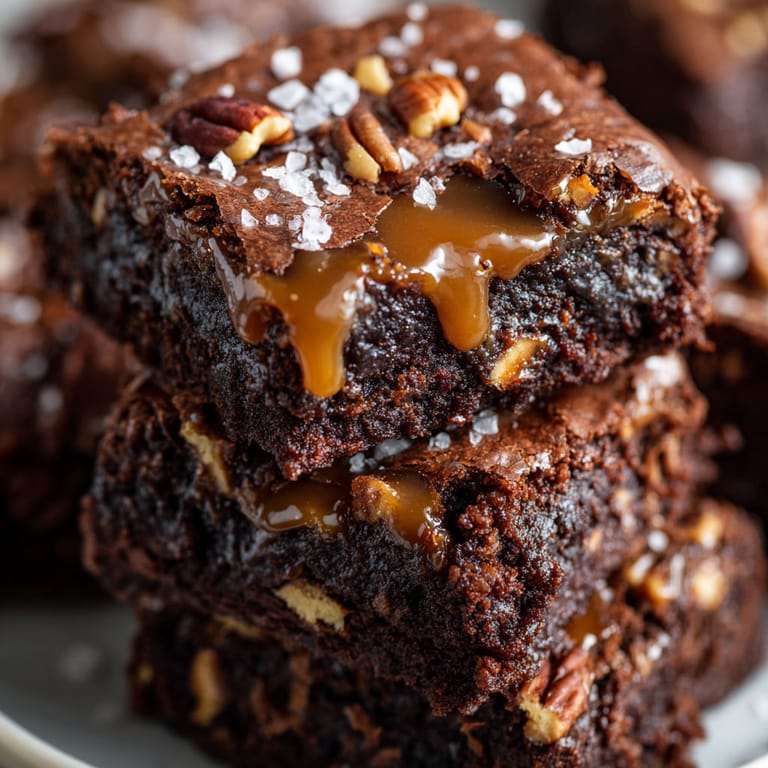 A stack of brownies with caramel drizzled on top.