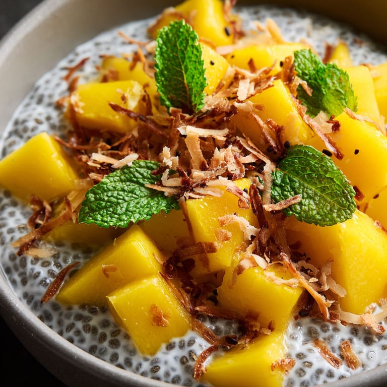 A bowl of mango coconut chia pudding.