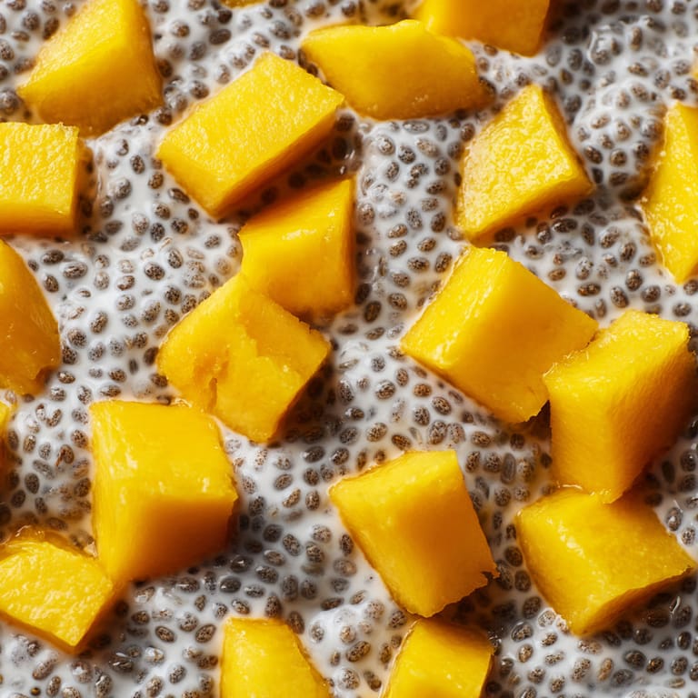 A close up of a chia seed pudding with mango.