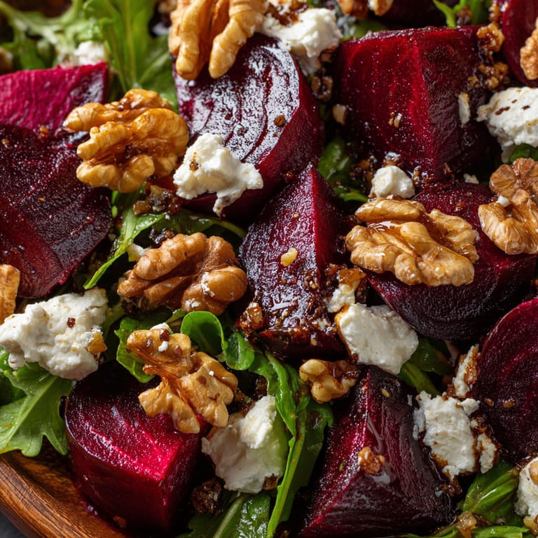A close up of a salad with beets, nuts, and greens.