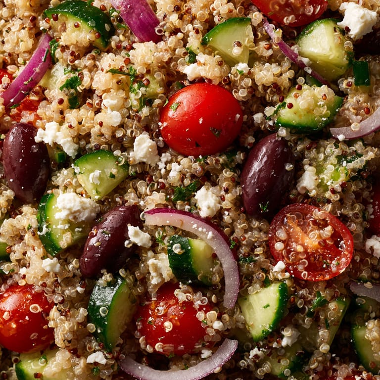 A close up of a salad with tomatoes, cucumbers, onions, and quinoa.