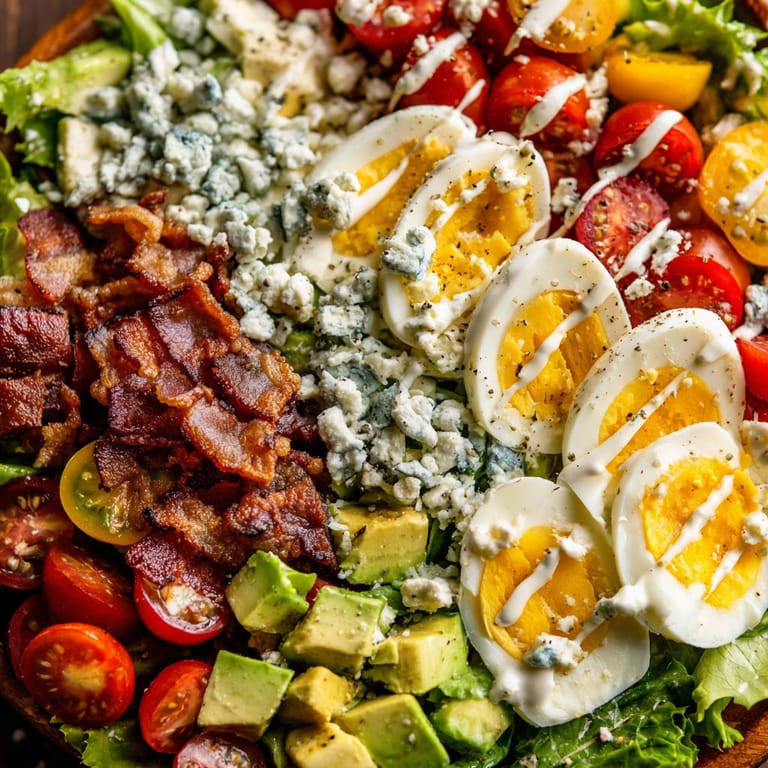 A Cobb salad with bacon, avocado, and blue cheese.