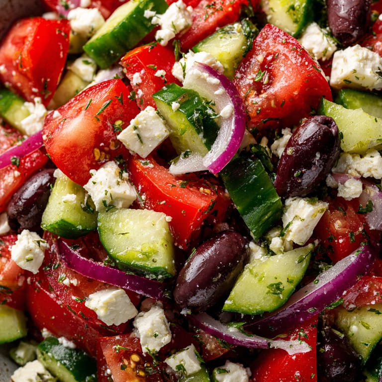 A Greek salad with a lemon vinaigrette dressing.