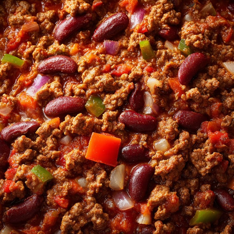 A close up of a beef chili with beans and onions.