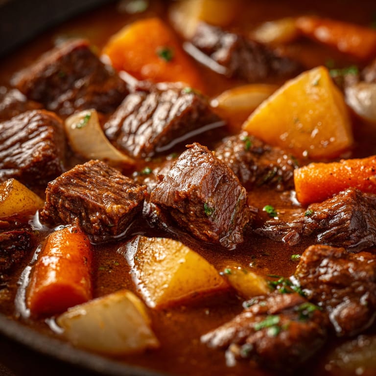A hearty beef stew with carrots and potatoes.
