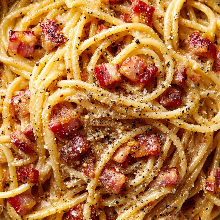 A close up of a plate of spaghetti with bacon.