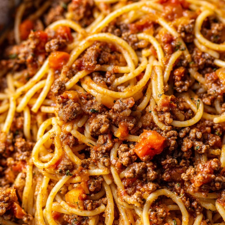 A close up of spaghetti with meat sauce.