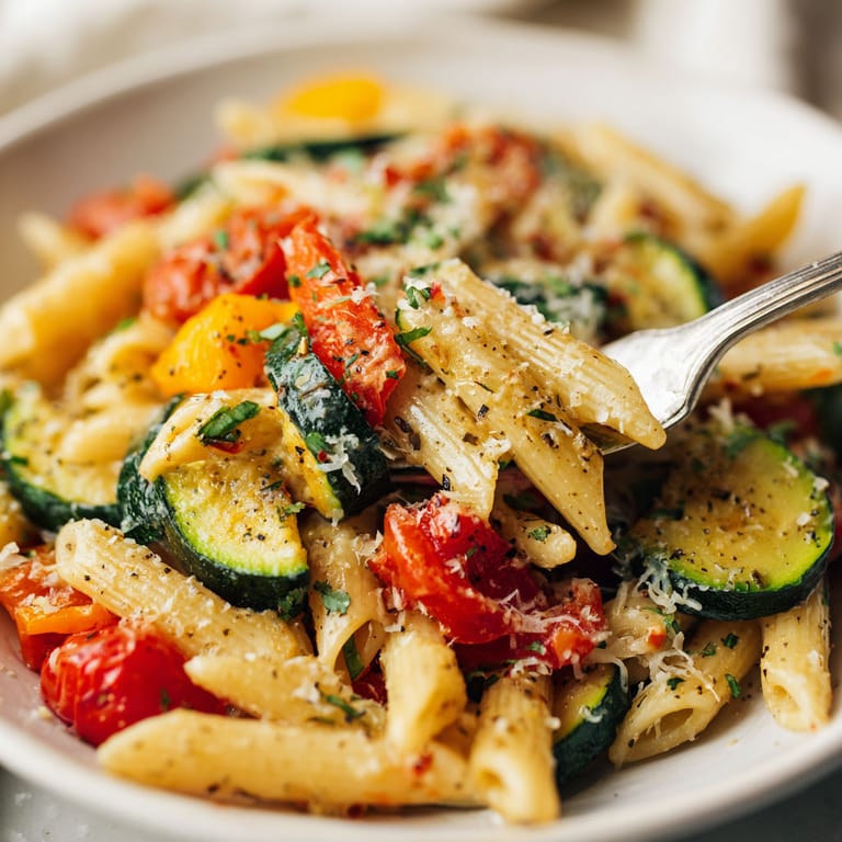 A bowl of pasta with tomatoes, zucchini, and cheese.