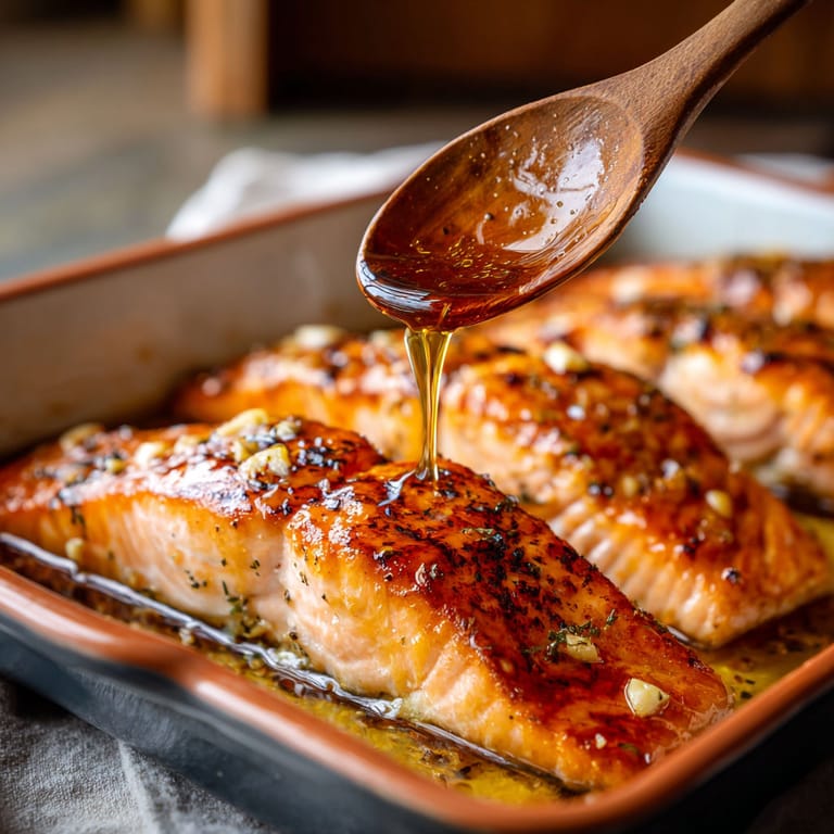 A pan of honey glazed salmon.