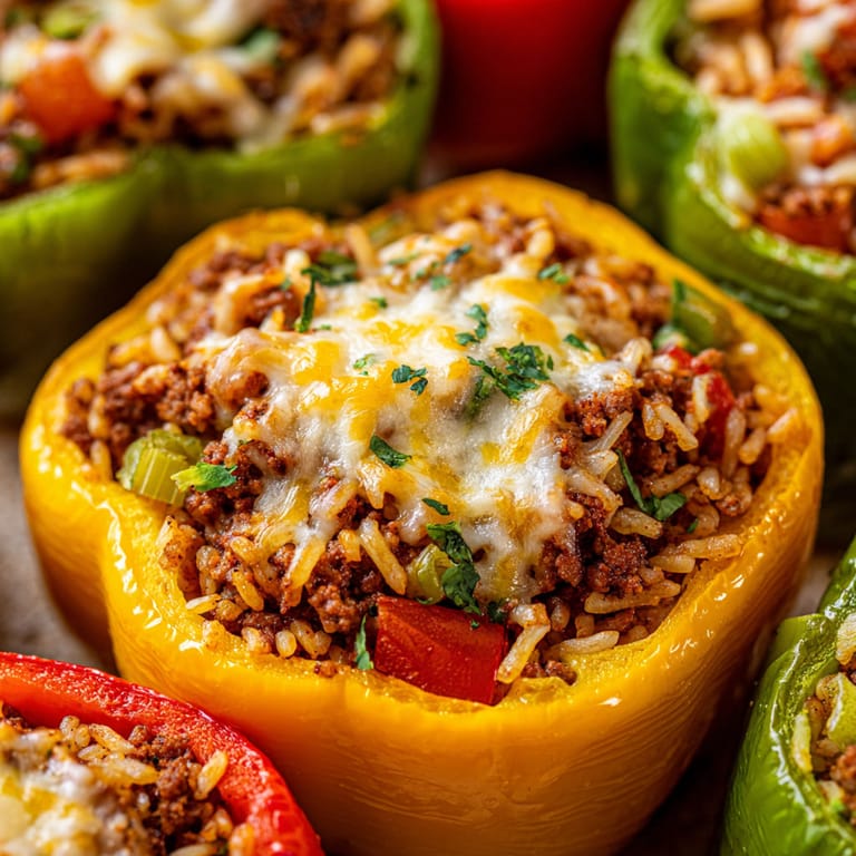 Stuffed bell peppers with rice and cheese.