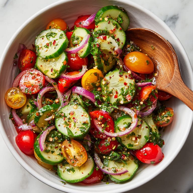 A bowl of vegetables including cucumbers, tomatoes, and onions.