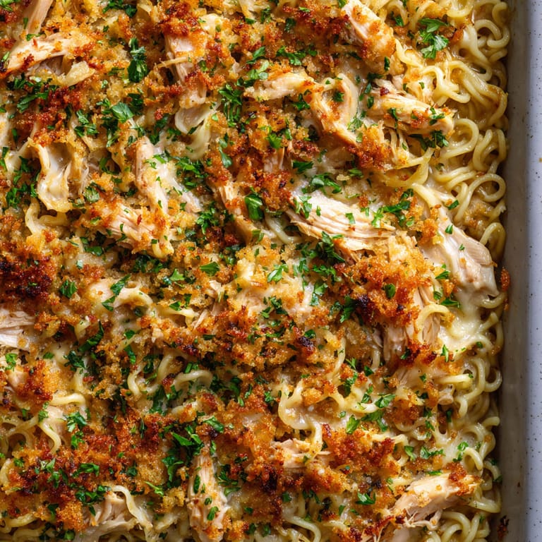 A dish of noodles with chicken and vegetables.