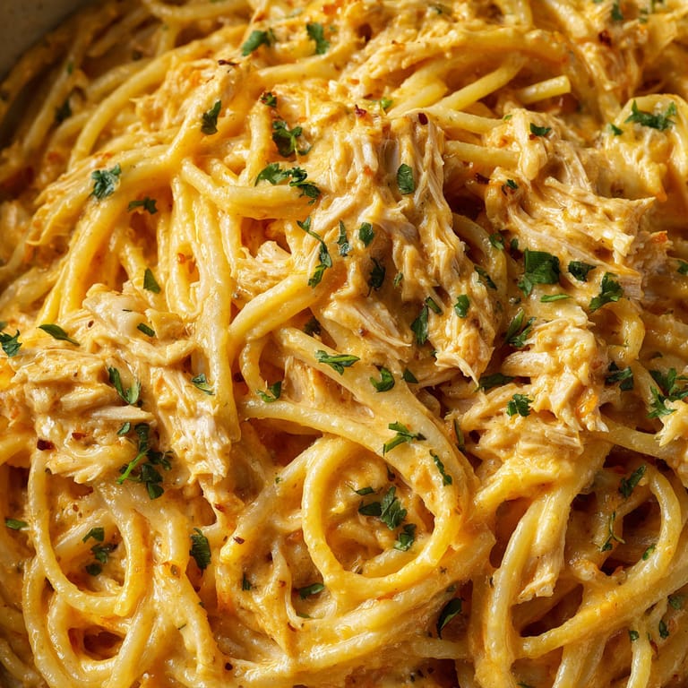 A bowl of creamy chipotle chicken spaghetti.