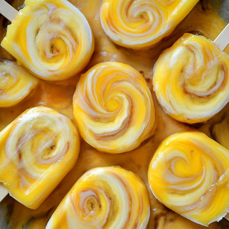 A close up of a dessert with a yellow swirl.