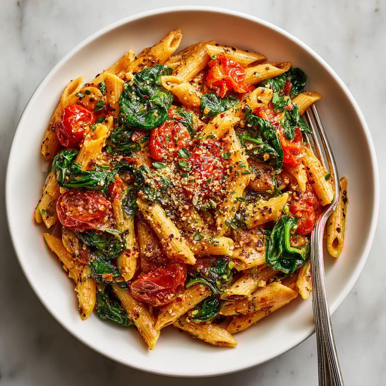 A plate of pasta with tomatoes and spinach.
