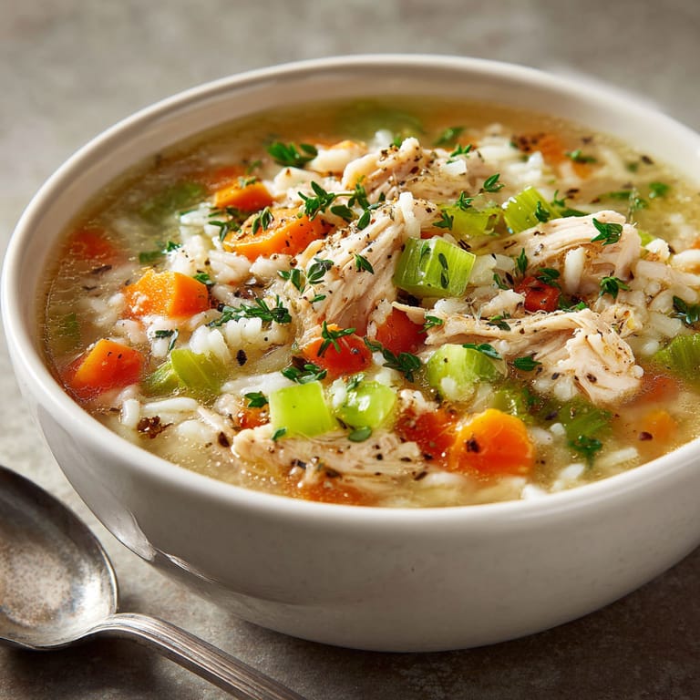 A bowl of soup with chicken and vegetables.