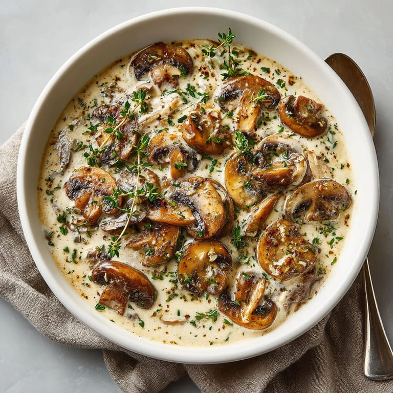 A bowl of mushrooms and thyme gravy.