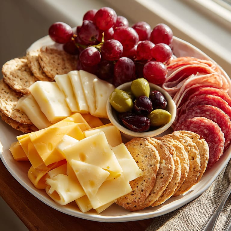 A plate of food with cheese, grapes, olives, and crackers.