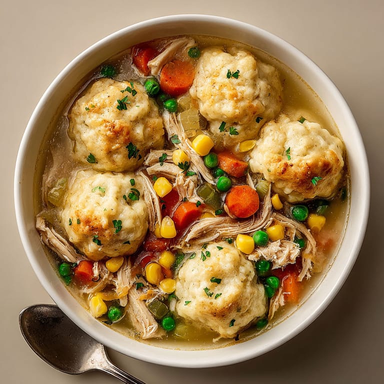 A bowl of soup with chicken and dumplings.